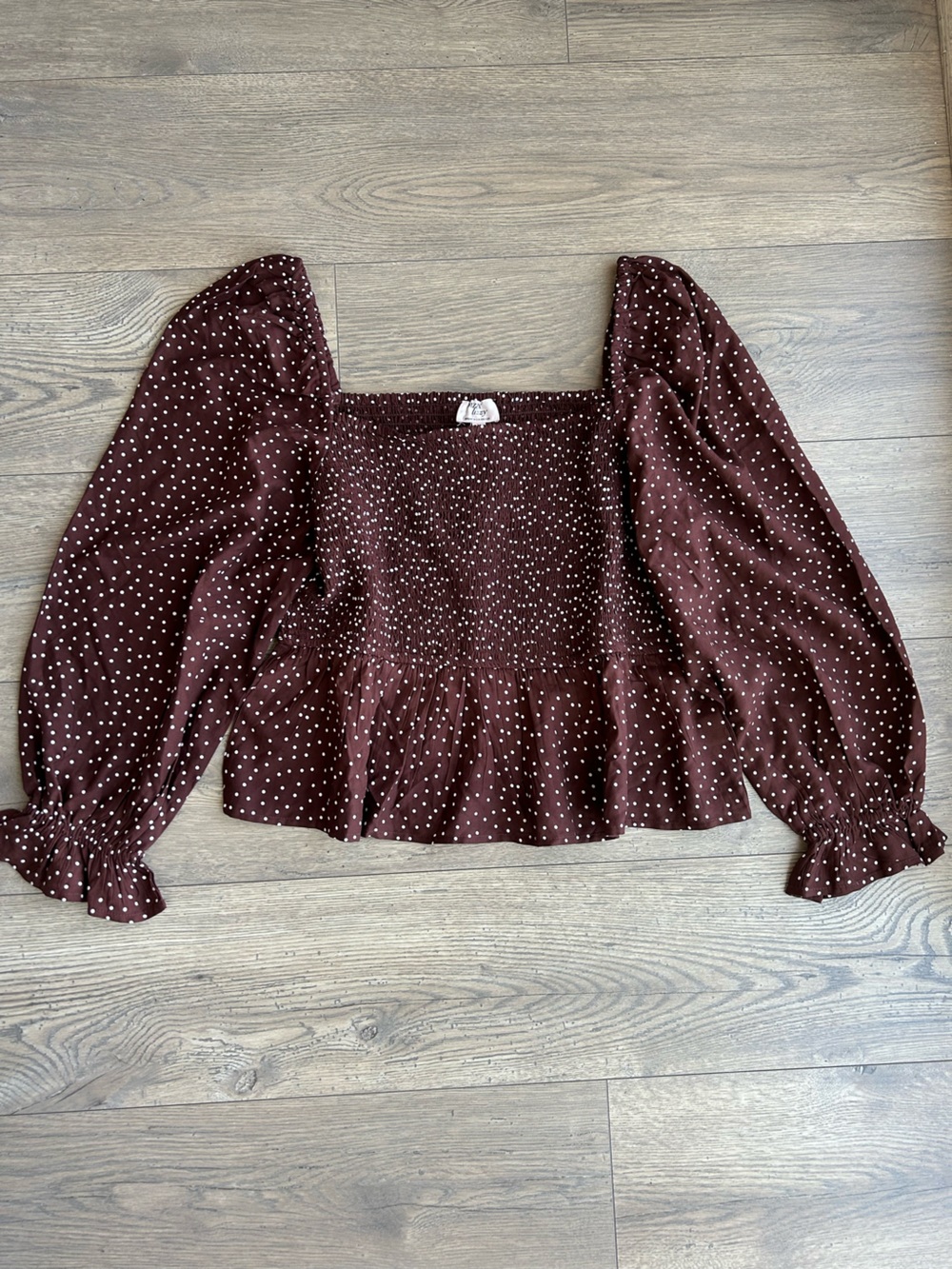 Dizzy Lizzy Brown Polka Dot Smocked Peplum Top